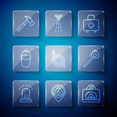 Set line Ringing alarm bell, Location with fire flame, Interior fireplace, First aid kit, Fire hose reel, bucket, Firefighter axe and Burning match icon. Vector