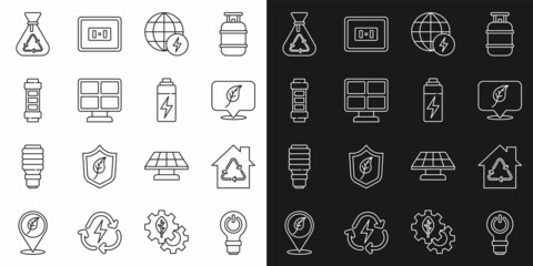 Set line Light bulb with lightning, Eco House recycling, Location leaf, Global energy power planet, Solar panel, Battery, Garbage bag recycle and icon. Vector