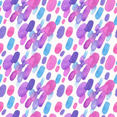 Seamless pattern with colored spots and dots. Watercolor illustration. Holidays. Abstraction. Purple circles. Printing on fabric. Packing paper. Natural. Elements. Happy Birthday. Pink. Design. Art.