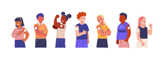 Vaccinated Children collection. Vector cartoon illustration of diverse smiling school-age children in casual clothes with plasters on their shoulders. Isolated on white © nadzeya26