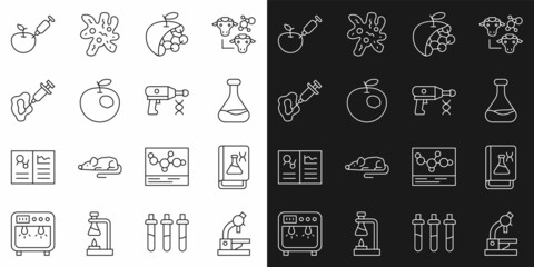 Set line Microscope, Genetic engineering book, Test tube and flask, Biological structure, Genetically modified apple, Syringe, and Transfer liquid gun icon. Vector