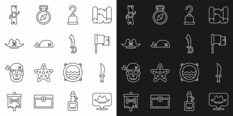 Set line Location pirate, Pirate sword, flag, hook, bandana for head, hat, Decree, parchment, scroll and icon. Vector