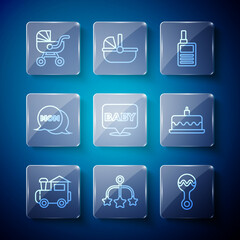 Set line Toy train, Baby crib hanging toys, Rattle baby, Monitor Walkie Talkie, Speech bubble mom, stroller and Cake with burning candles icon. Vector
