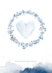 Watercolor heart-shaped in wreath of blue flowers and leaves