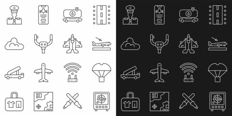 Set line Radar with targets on monitor, Box flying parachute, Plane landing, Fuel tanker truck, Aircraft steering helm, Cloud weather, Pilot and Jet fighter icon. Vector