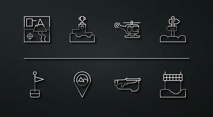 Set line Folded map, Location marker, Road traffic signpost, Biathlon rifle, with mountain, Award winner podium, Ribbon finishing line and Rescue helicopter icon. Vector