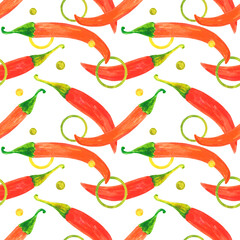 Watercolor seamless pattern of hot red pepper, vegetable illustration of vegan food for printing on paper or fabric.