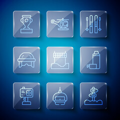 Set line Action camera, Ski lift, Road traffic signpost, and sticks, Ribbon in finishing line, Hockey helmet, Award cup and Thermos container icon. Vector