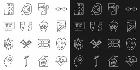 Set line Heart rate, Slippers, False jaw in glass, IV bag, Adult diaper, Smart Tv, Pills blister pack and Grandmother icon. Vector