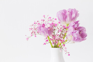 pink tulips and gypsophila on white background