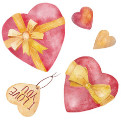 Watercolor red hearts with yellow bow hand drawn. Love set for St. Valentine's day and wedding design