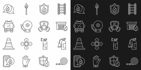 Set line Fire hose reel, extinguisher, burning garage, protection shield, Ringing alarm bell, truck, Telephone call 911 and Gas mask icon. Vector
