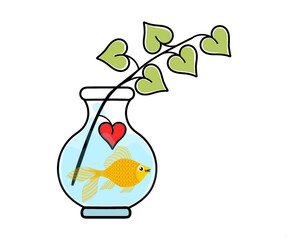 A goldfish in a jar, a heart in the water, a branch with leaves, a color drawing, with a white background, for design and printing