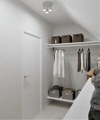 renovation in a country house, a small dressing room with a sloping ceiling, a sloped roof, a bright dressing room and Ikea furniture