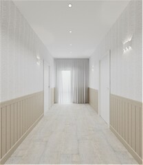 renovation and modern interior design, corridor design in light shades, beige corridor with wooden trim, white shades in a two-story house, renovation with wooden panels, wooden planks, parquet on the