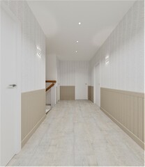 renovation and modern interior design, corridor design in light shades, beige corridor with wooden trim, white shades in a two-story house, renovation with wooden panels, wooden planks, parquet on the