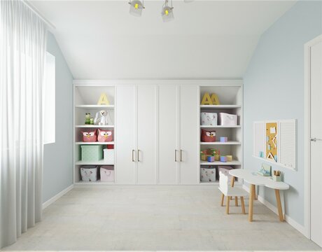 repair in the children's room, a children's room with blue walls, a large white closet in the nursery, a rack for toys