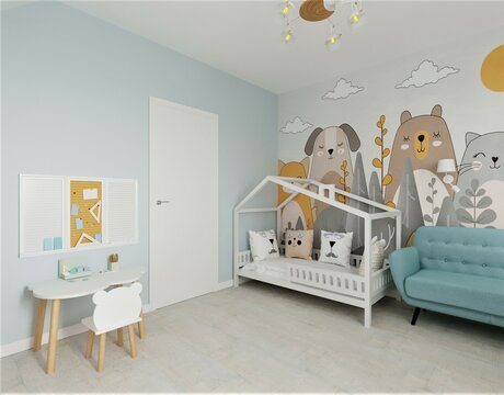 
repair in a country house in a children's room, a children's room with bright photo wallpaper, a children's room with blue walls and a blue blue sofa,
children's bed in the form of a house 