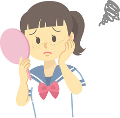イラスト素材：お肌トラブルに悩むセーラー服の女子学生（ソバカス/上半身）
