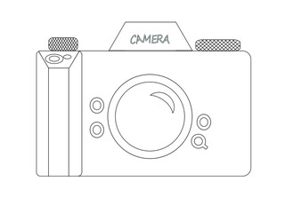 Grafika wektorowa przedstawiająca aparat fotograficzny. Przedstawiony jest widok z przodu, widać soczewkę obiektywu i przyciski funkcyjne. - obrazy, fototapety, plakaty