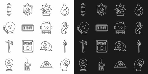 Set line Firefighter, Burning match with fire, No, Flasher siren, exit, Ringing alarm bell, Climber rope and truck icon. Vector