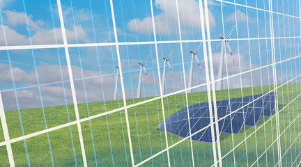 Obraz premium Wind turbines reflection to solar panels with bright cloudy sky
