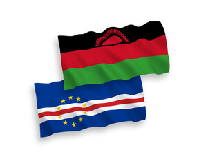 National vector fabric wave flags of Republic of Cabo Verde and Malawi isolated on white background. 1 to 2 proportion.