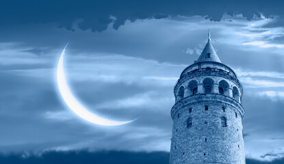 Ramadan Concept - Galata Tower with crescent moon -  Istanbul, Turkey 