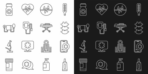 Set line Ointment cream tube medicine, Emergency phone call, Human spine, Heart rate, IV bag, Blood pressure, Medicine bottle and pills and Stretcher icon. Vector