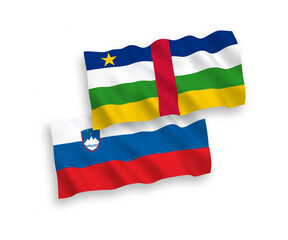 National vector fabric wave flags of Slovenia and Central African Republic isolated on white background. 1 to 2 proportion.