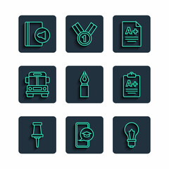 Set line Push pin, Graduation cap on mobile, Light bulb with idea, Exam sheet A plus grade, Fountain pen nib, School Bus, Audio book and icon. Vector