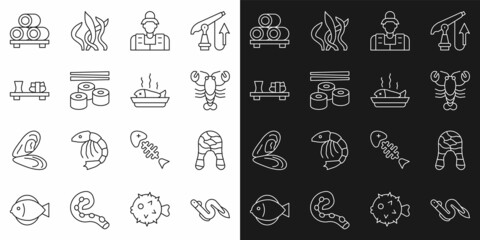 Set line Eel fish, Fish steak, Lobster, Fisherman, Sushi, on cutting board, and Served plate icon. Vector