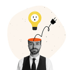 Contemporary art collage. Business design of motivated employee with lighbulb appearing from head