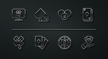 Set line Casino slot machine with clover, Playing card spades, chips, Deck of playing cards, Game dice, Hand holding and Lottery ball on bingo icon. Vector