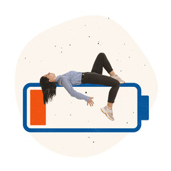 Contemporary art collage. Office worker, employee lying on low battery symbolizing tiredness