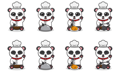 Naklejka premium Vector Illustration of Cute Panda with Chef costume siting and hand up pose. Set of cute smile Panda characters. Flat icons in cartoon style.