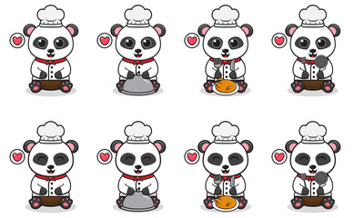 Vector Illustration of Cute Panda siting with Chef costume. Set of cute smile Panda characters. Flat icons in cartoon style.