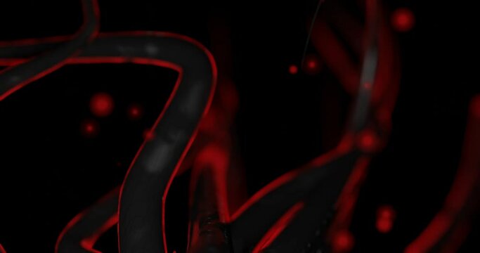 3d render with twisty red techno tentacles with spots, soft focus