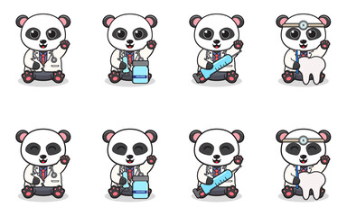 Vector Illustration of Cute Panda with Doctor costume siting and hand up pose. Set of cute smile Panda characters. Flat icons in cartoon style.