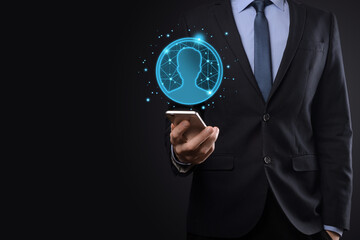 Businessman holding on hand icon of user man,woman low poly polygon style. Internet icons interface foreground. global network media concept.