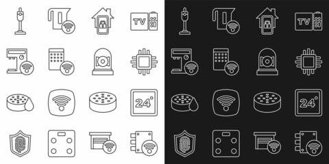 Set line Digital door lock, Thermostat, Processor with CPU, Mobile smart home, Air humidifier, Smart coffee machine, Vacuum cleaner and Ringing alarm bell icon. Vector