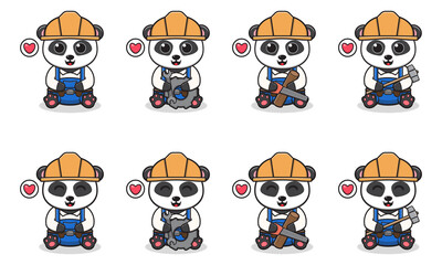 Vector Illustration of Cute Panda siting with Handyman costume. Set of cute smile Panda characters. Flat icons in cartoon style.