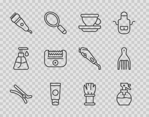 Set line Hair clip, Hairdresser pistol spray bottle, Coffee cup, Cream cosmetic tube, Electrical hair clipper, Shaving brush and Barrette icon. Vector