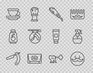 Set line Straight razor, Mustache, Electrical hair clipper, Blade, Coffee cup, Barbershop with, Hairdresser pistol spray bottle and icon. Vector