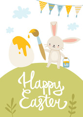 Easter bunny with brush paints big egg on the lawn.Poster with cartoon easter rabbit and calligraphy lettering.