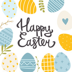 Easter eggs frame banner with calligraphy lettering. Invitation or banner template with painted eggs.