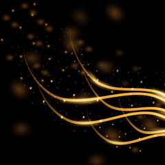 Fototapeta na wymiar golden abstract lines, waves with glow effect. gold dust and glitter on black background