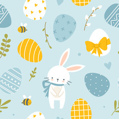 Easter doodle pattern with painted eggs , bunny and bee. Baby seamless print for fabric, textile, nursery, paper.