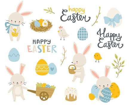 Easter rabbits with eggs an calligraphy cartoon set. Easter decoration bundle with bunny, plants, lettering, chicken, cake.
