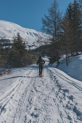 An unrecognizable male hiker wearing snowshoes walking in the French Alps on a cold winter day (L'Enclus, Devoluy, Hautes-Alpes)